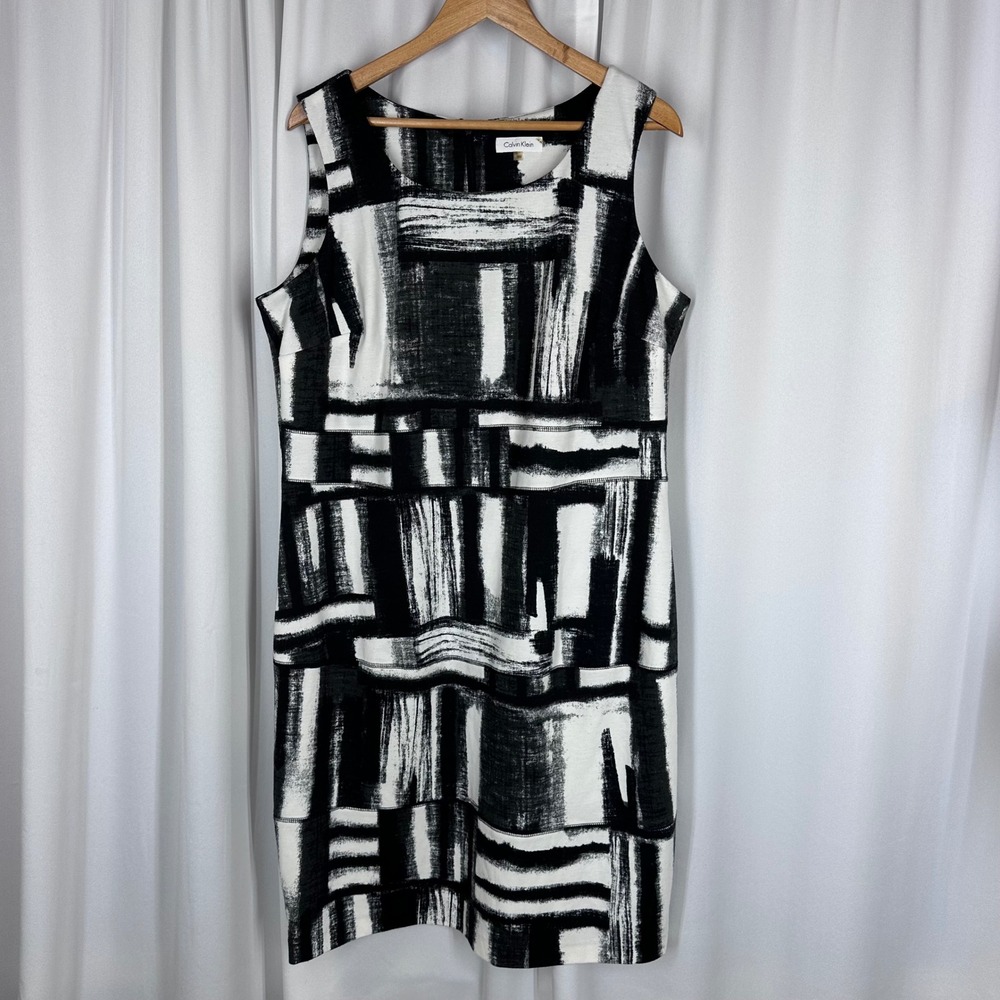 Calvin Klein Sheath Dress‎ Womens 16W Black White Abstract Sleeveless